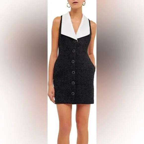 NWT Endless Rose Contrast Collar Tweed Mini Dress size xs women's with pockets!